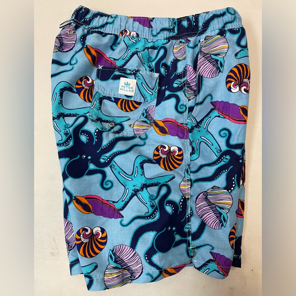 PETER MILLAR Octopus Print Swim Trunks in Blue (Multi) Size XL